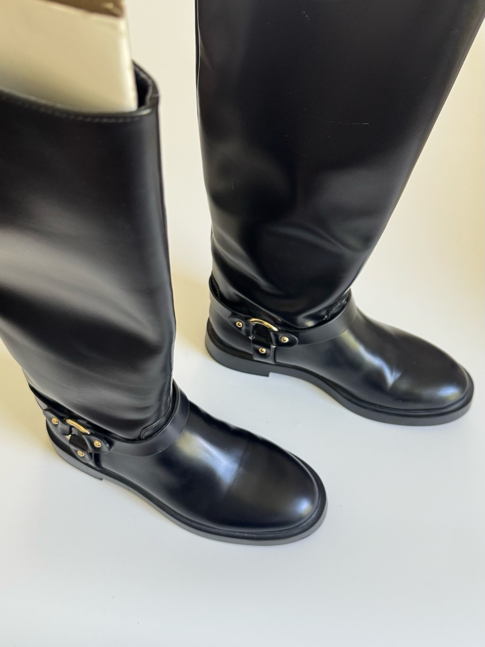 H&M Black Smooth Knee-High Riding Boots with Gold Buckle